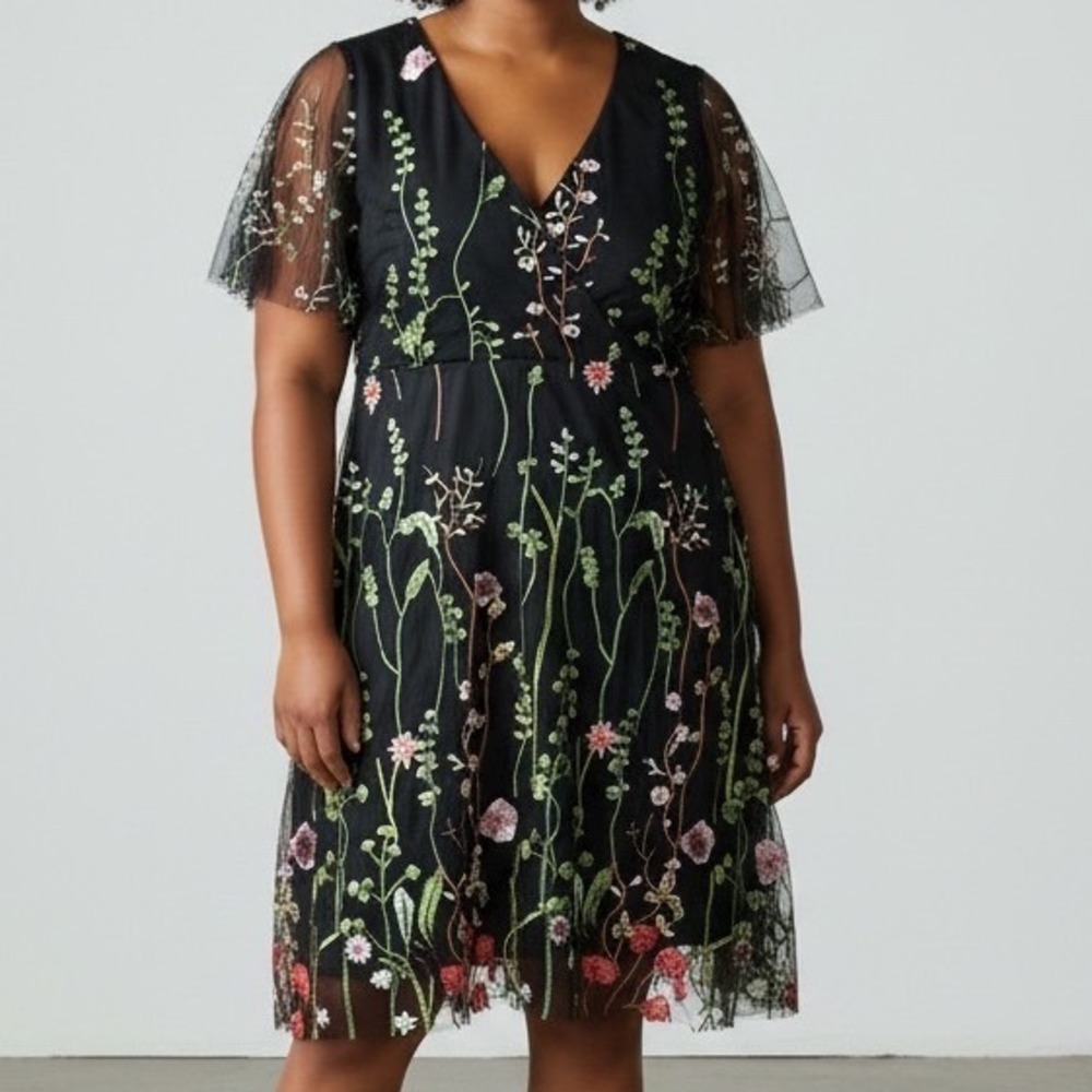 Black Mesh Floral Dress Flutter Sleeve‎ Fit Flare Mini fairy whimsigoth ethereal